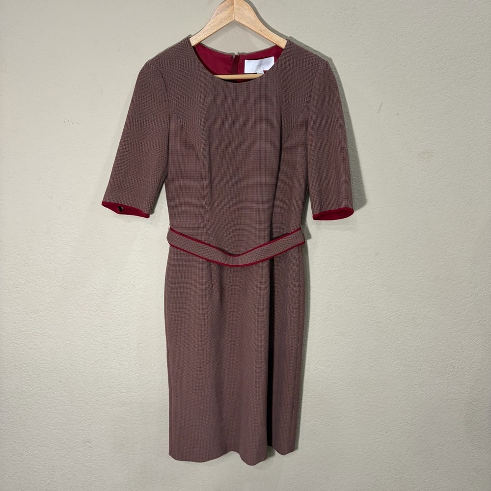 Hugo Boss Womens Plaid Belted Sheath Burgundy Dress Midi Sz 40 US 4 Career Event